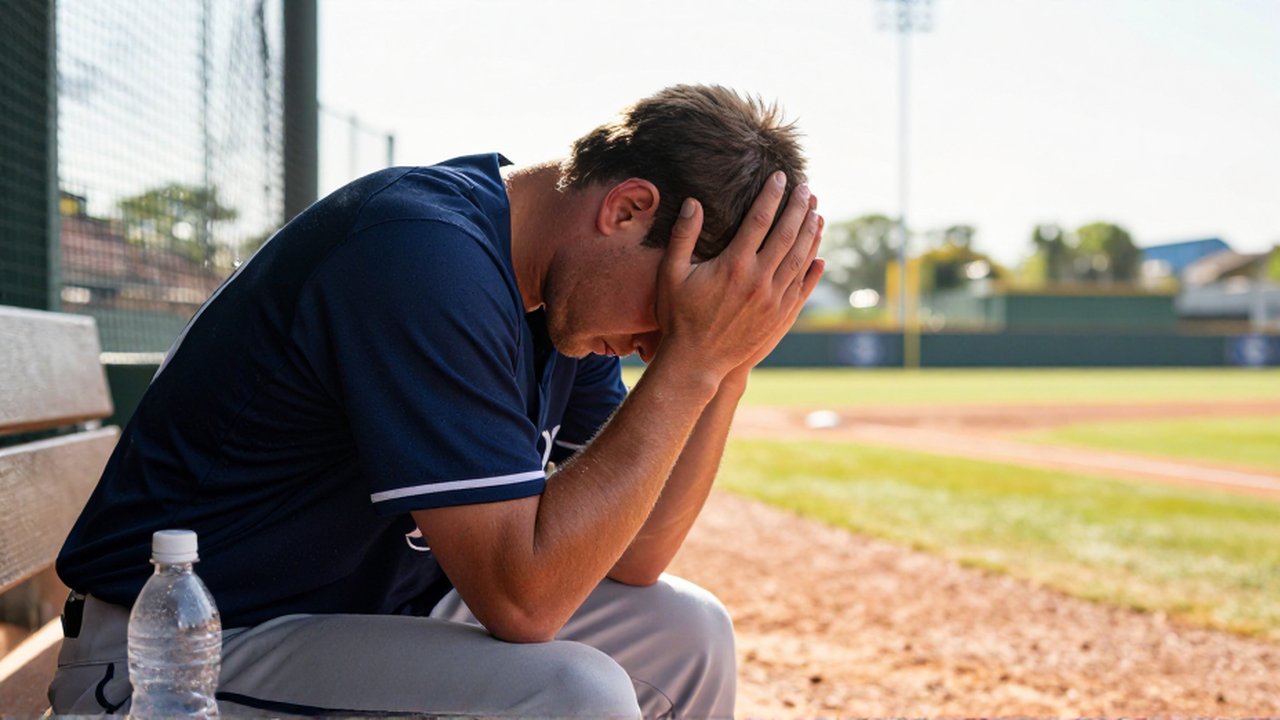 An exhausted baseball player sits on a dugout bench, leaning forward with his head in his hands.