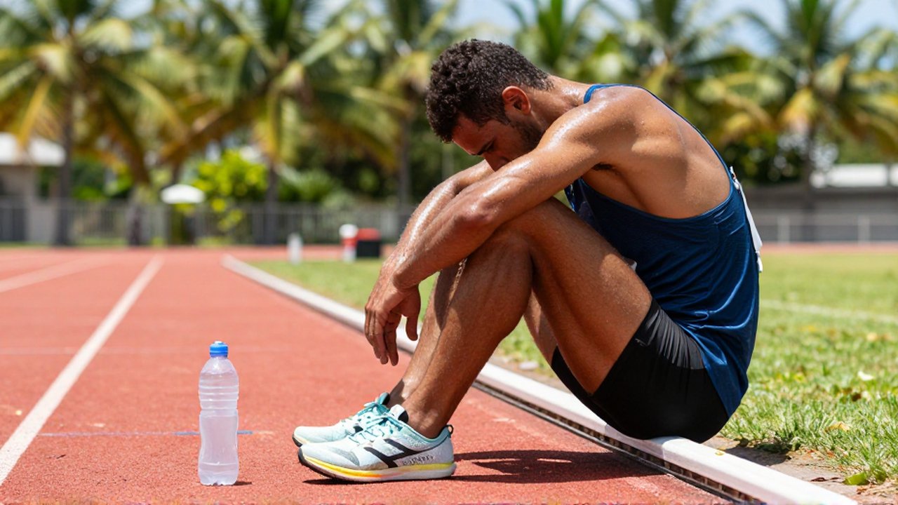 An exhausted middle-distance runner sits slumped on a tropical red track under bright sunlight.