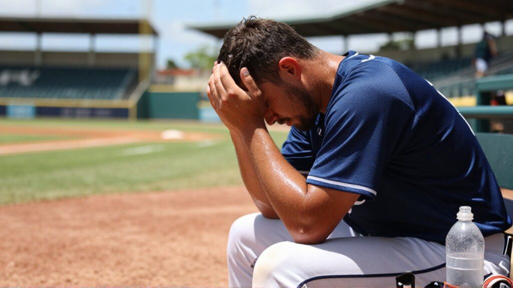 An exhausted baseball player sits on a dugout bench with his head in his hands.