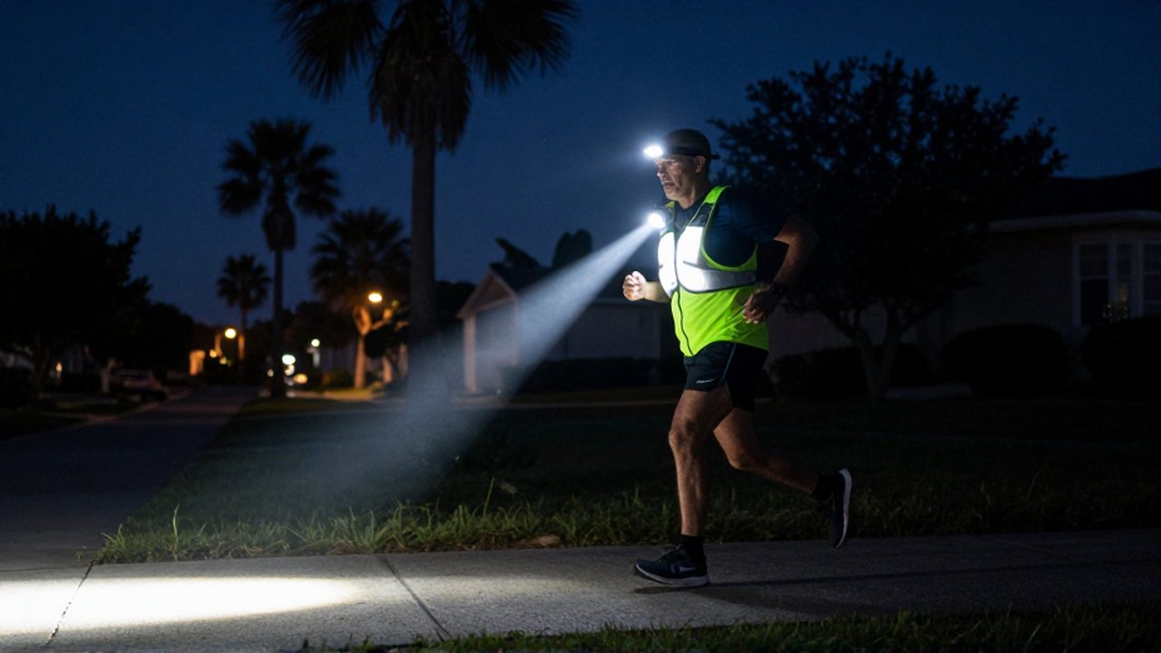 A middle-aged runner wearing reflective gear jogs along a dark suburban trail illuminated by headlamps.