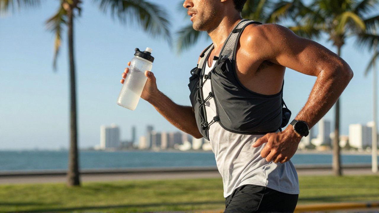 A marathon runner reaching for a sports bottle while running along a tropical coastal boardwalk.