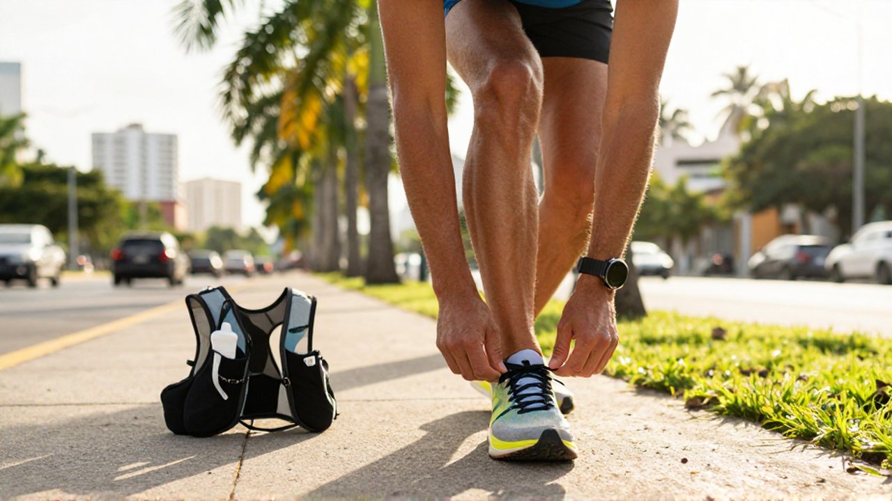 A marathon runner adjusts their shoe laces on a sunny sidewalk near tropical greenery.