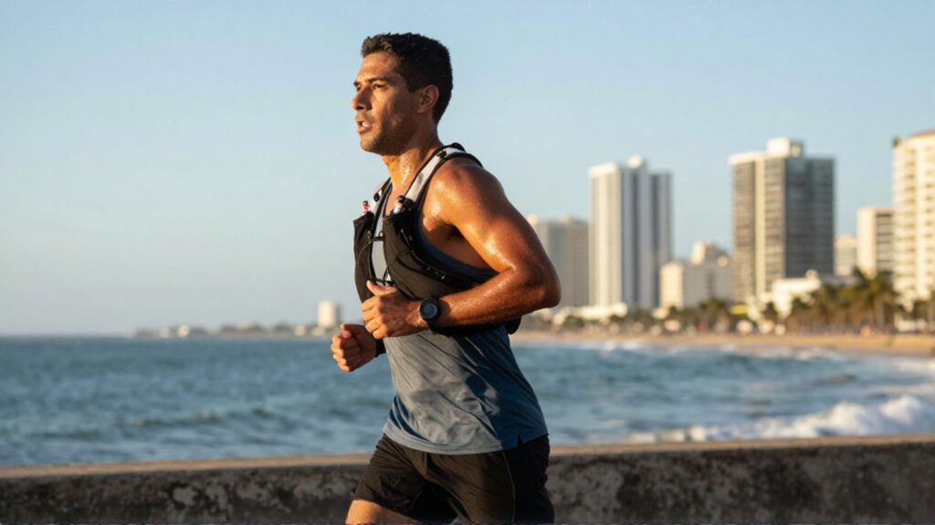 A focused Dominican male marathon runner trains mid-stride along the Santo Domingo Malecón at sunrise.