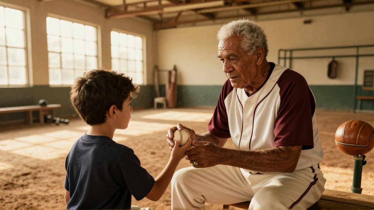 An aging baseball legend watches a young athlete practice drills in a sunlit, vintage gymnasium.