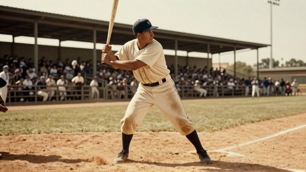 A baseball player in a cream-colored uniform swings a wooden bat on a dusty field.
