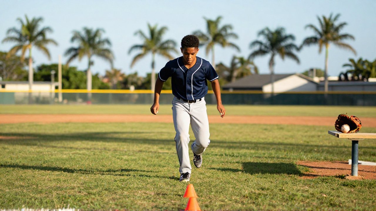 A young baseball player weaves through orange training cones during an agility drill on a grassy field.