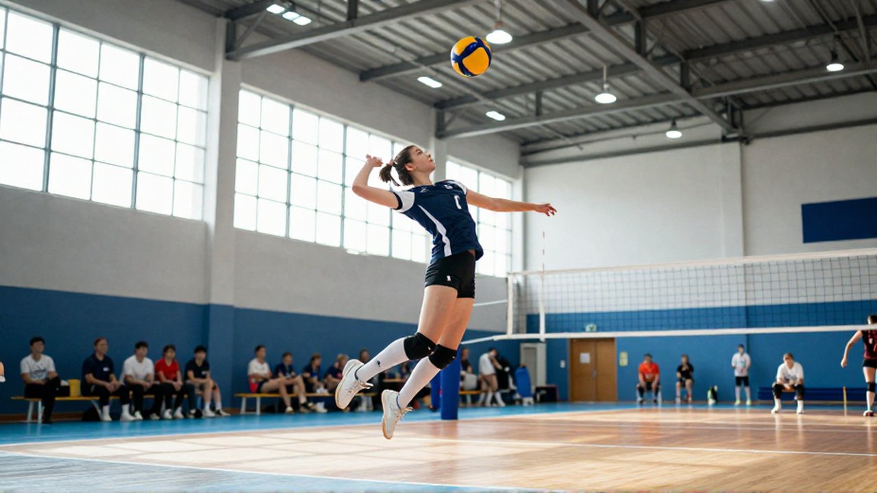 A professional volleyball player leaps high to perform a powerful jump serve in an indoor arena.