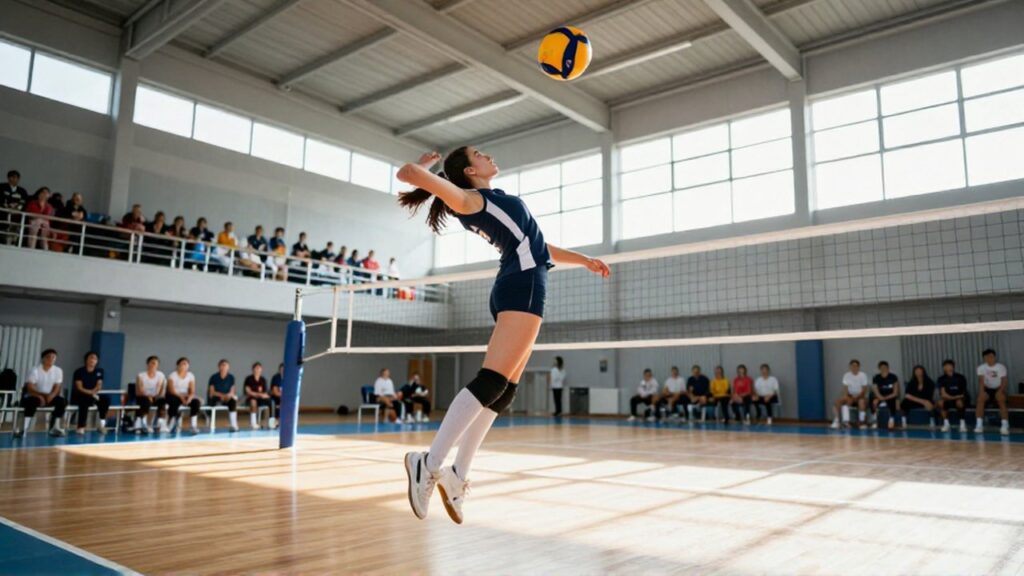 A female volleyball player leaps high in a sunlit arena to perform a powerful jump serve.