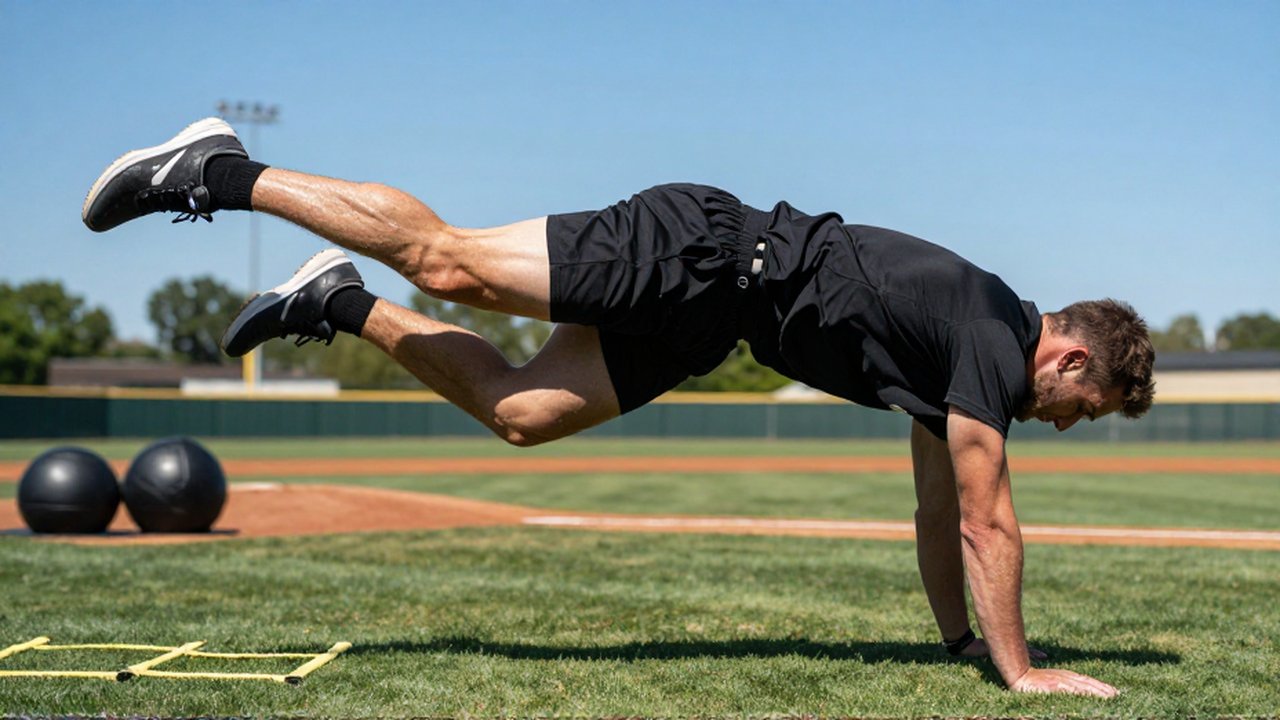A baseball pitcher performs an explosive lateral jump during a strength training session on a sunny field.