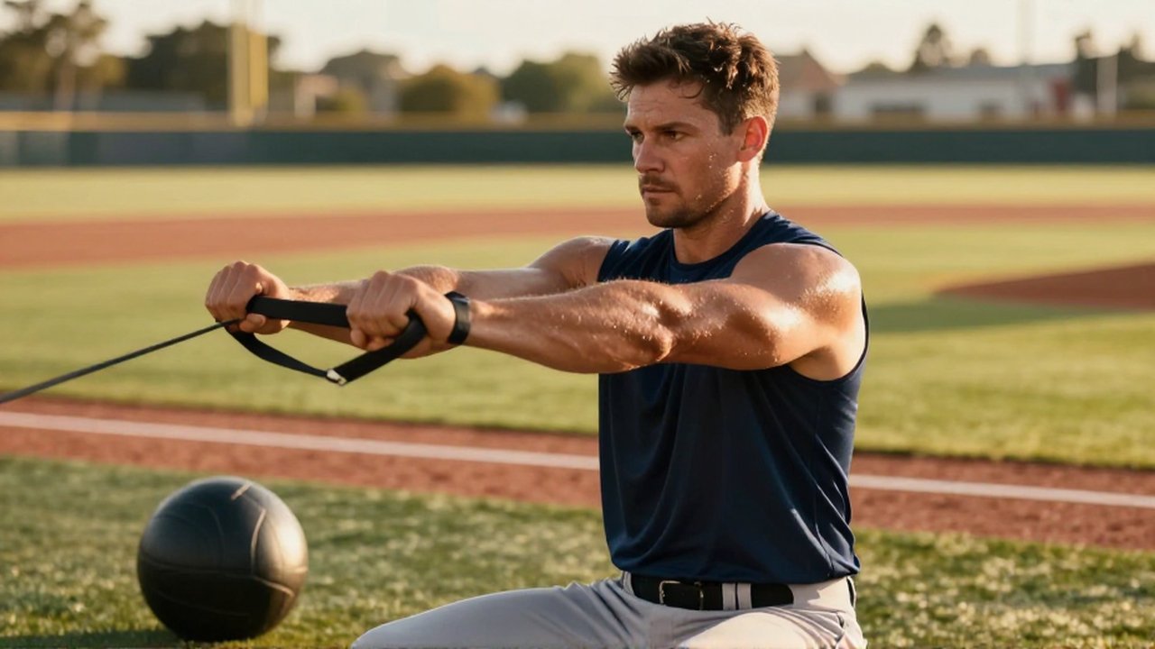 A professional baseball pitcher performs resistance band arm exercises in a sunlit training facility.