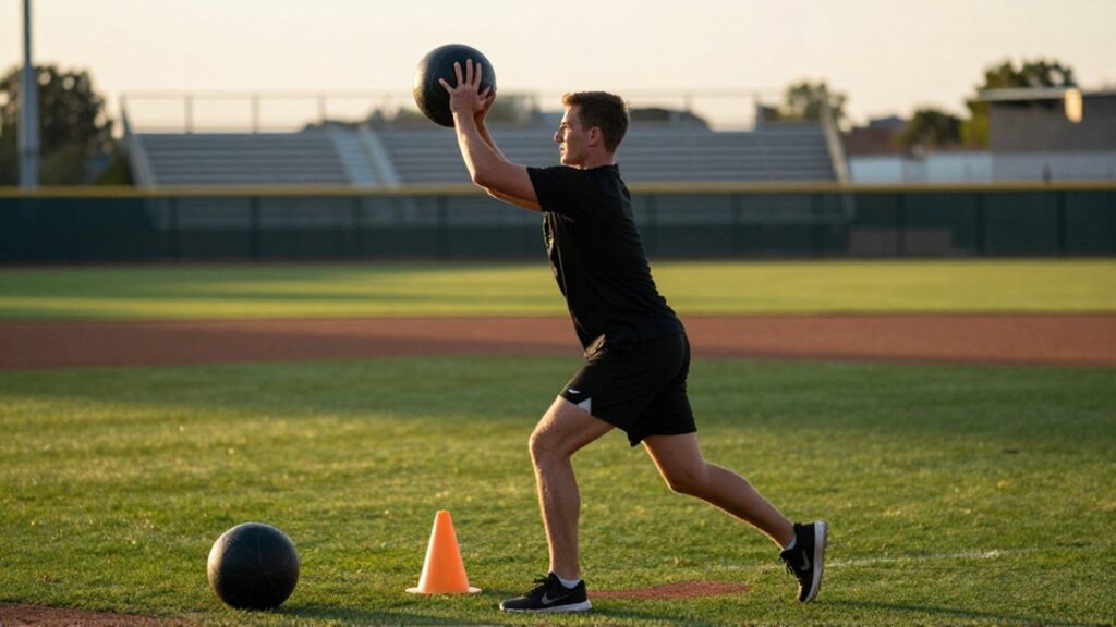 A baseball pitcher performs a rotational medicine ball throw on a training field at sunset.