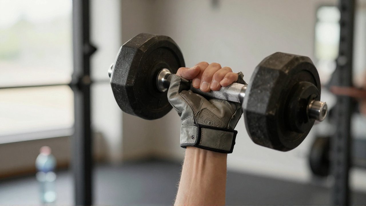 A person wearing padded weightlifting gloves grips a heavy metal dumbbell in a sunlit gym.