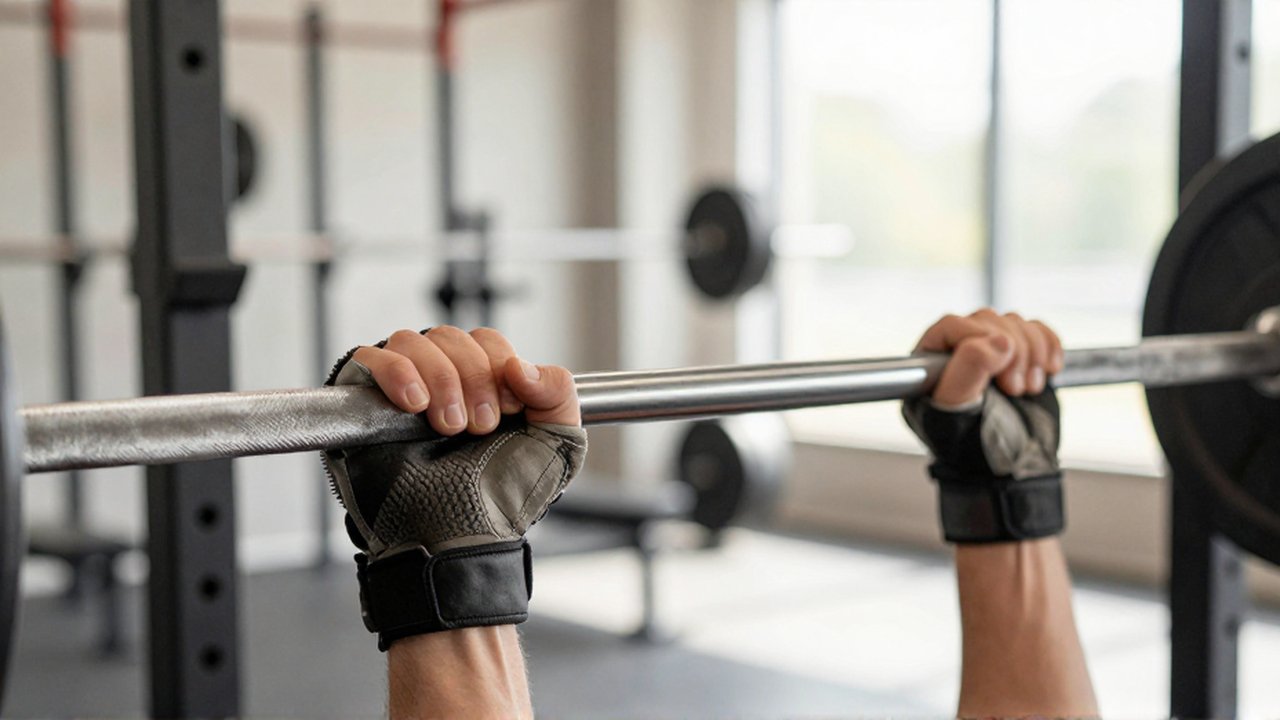 Close-up of a lifter's gloved hands firmly gripping a textured steel barbell in a sunlit gym.