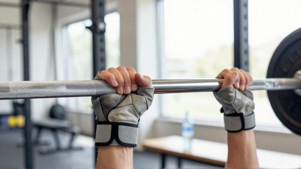 Close-up of hands wearing padded weightlifting gloves gripping a textured stainless steel barbell in a gym.