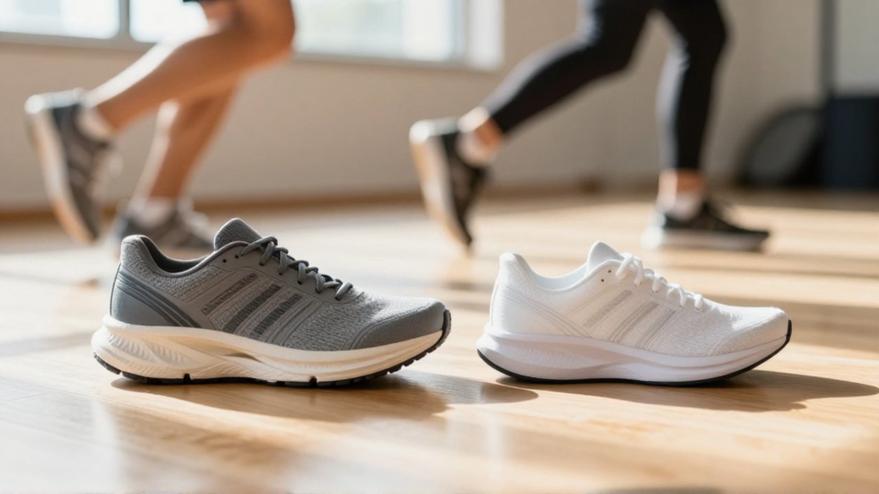 A low-angle comparison of a thick maximalist running shoe and a thin minimalist shoe on a wooden floor.