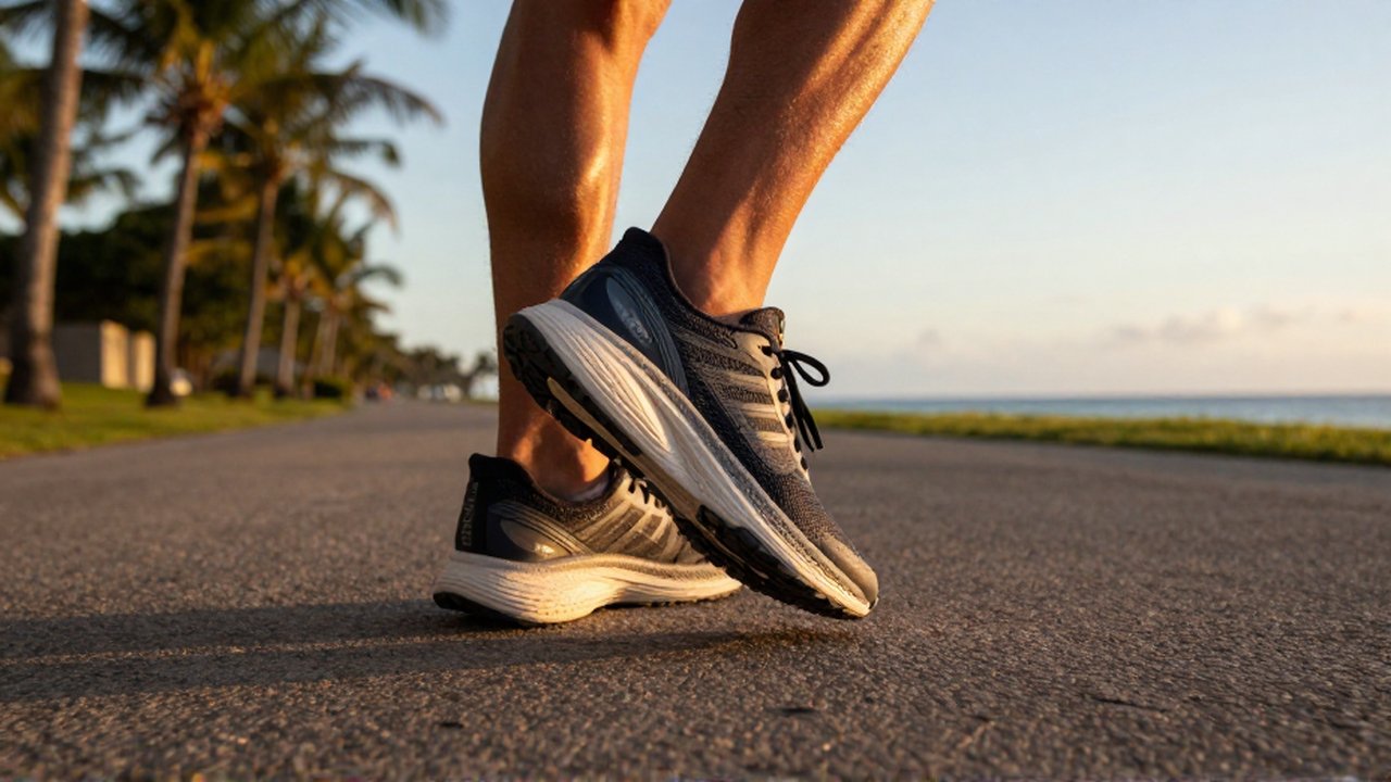 Close-up of a runner's cushioned shoe striking a paved path during a coastal sunset.