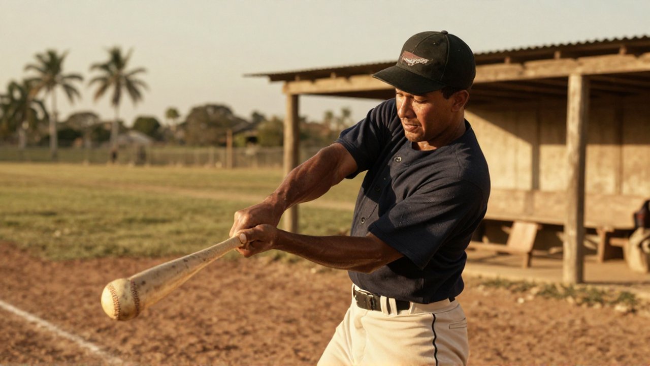 A mid-century Dominican baseball player swings a wooden bat on a dusty, sun-drenched field.