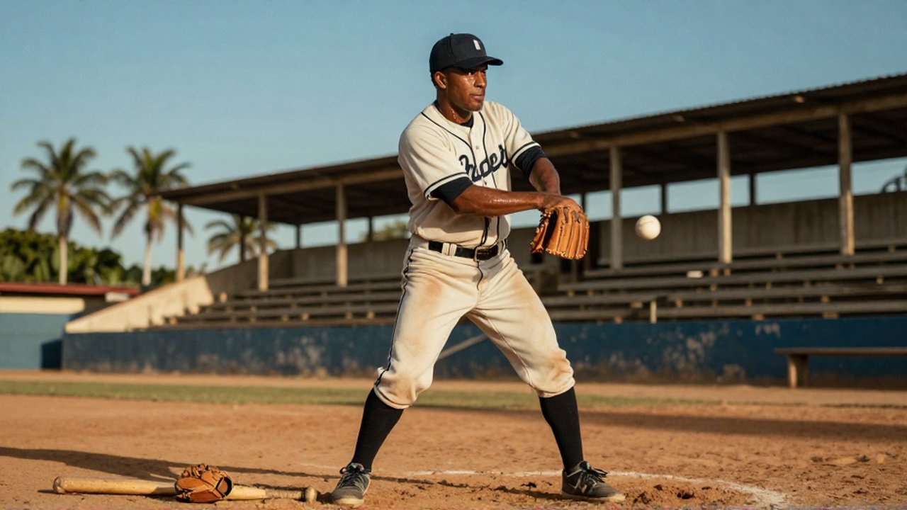 A baseball player in a vintage jersey stands in a focused batting stance on a dusty field.