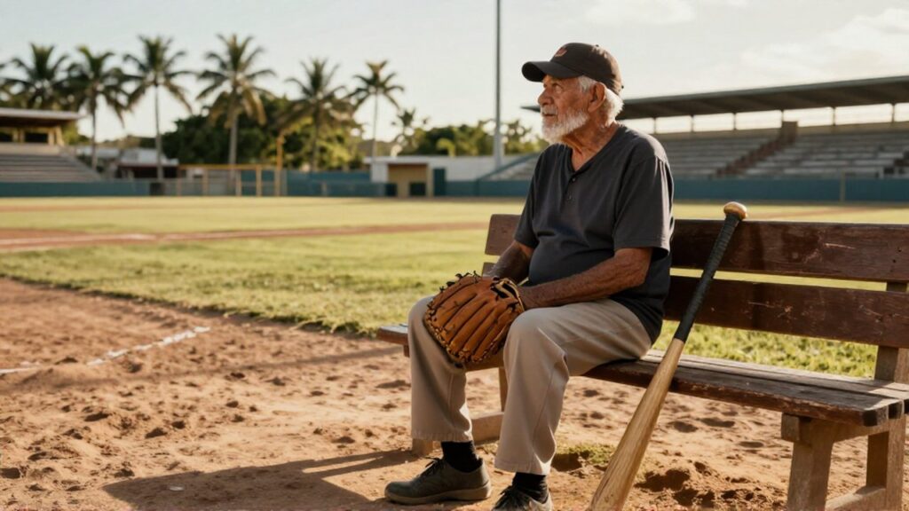 An elderly man sits on a bench beside a baseball glove and bat in a sun-drenched stadium.