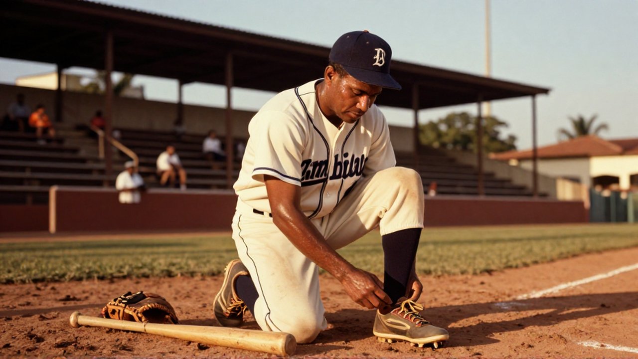 A vintage baseball player in a 1950s uniform kneels on a dusty infield in Santo Domingo.