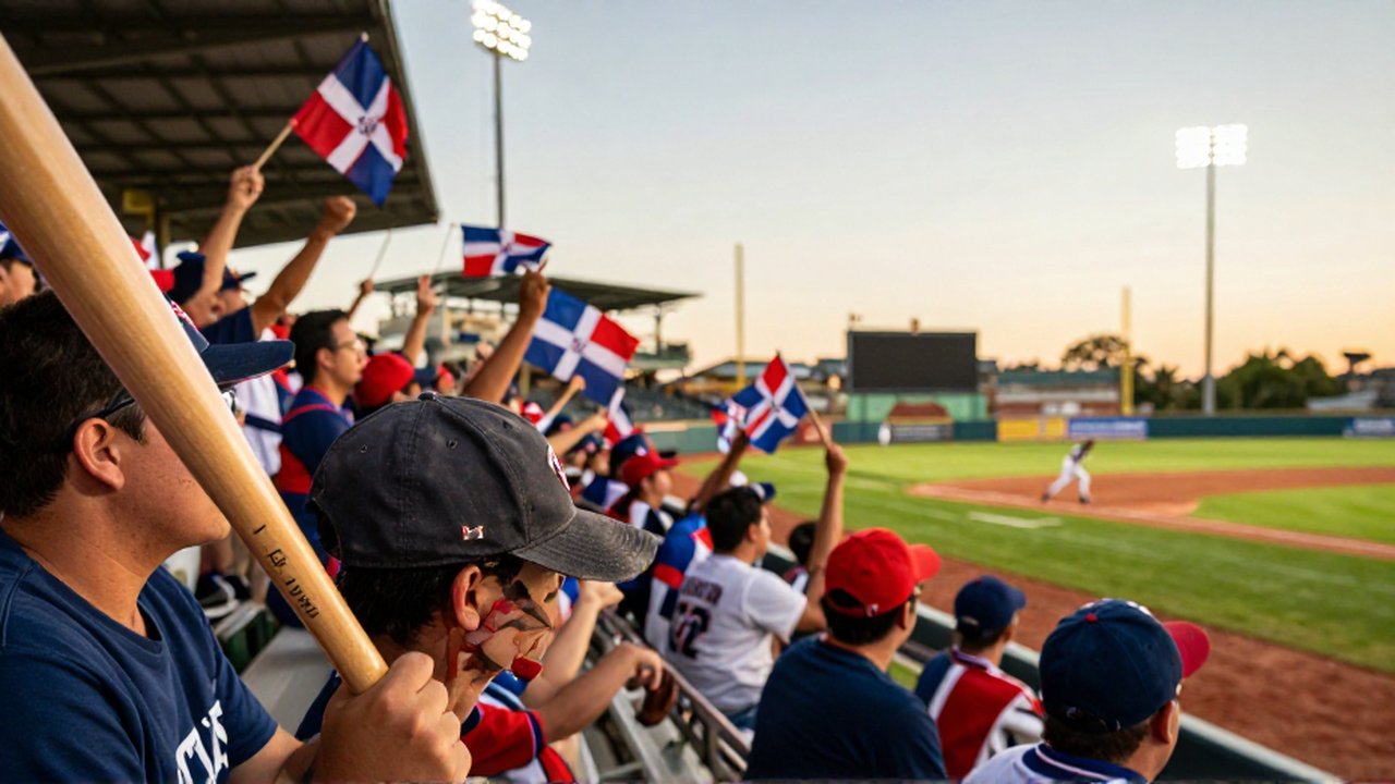 Passionate fans wave colorful flags in the stands during an intense baseball game at sunset.