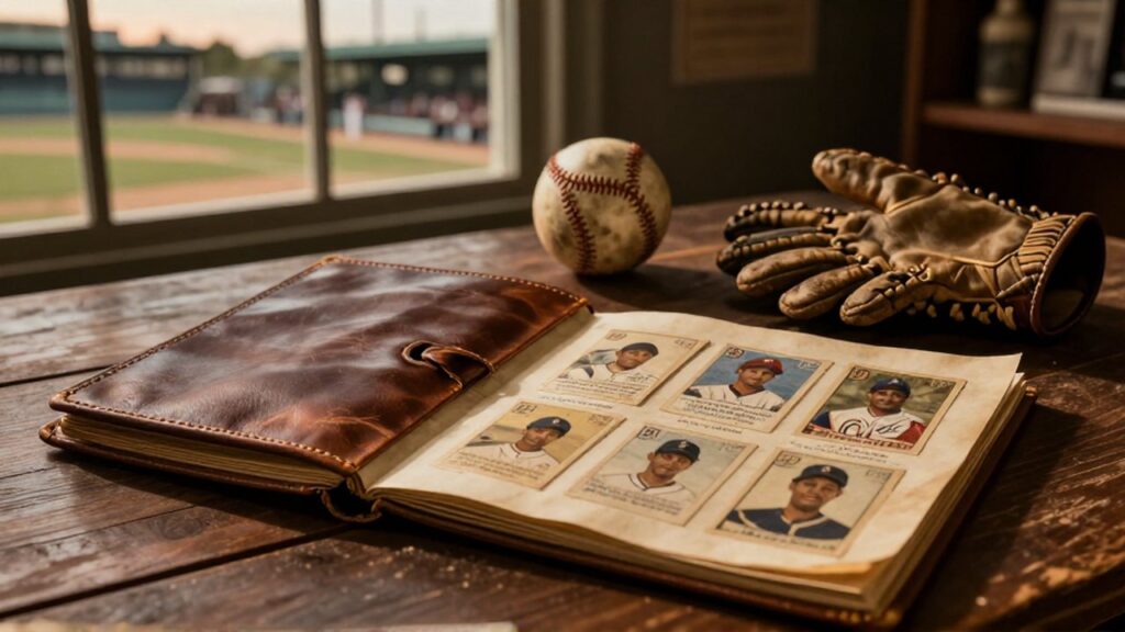 A weathered leather scrapbook and aged baseball cards rest on a wooden table next to a scuffed baseball and batting gloves.