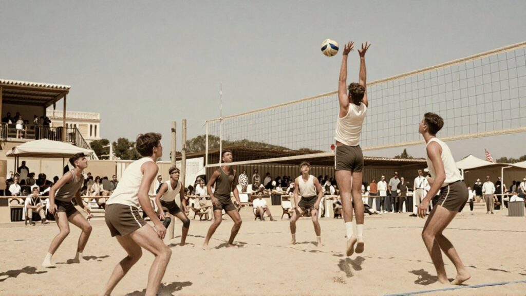 A volleyball player leaps to spike a leather ball during an intense match on a sand court.