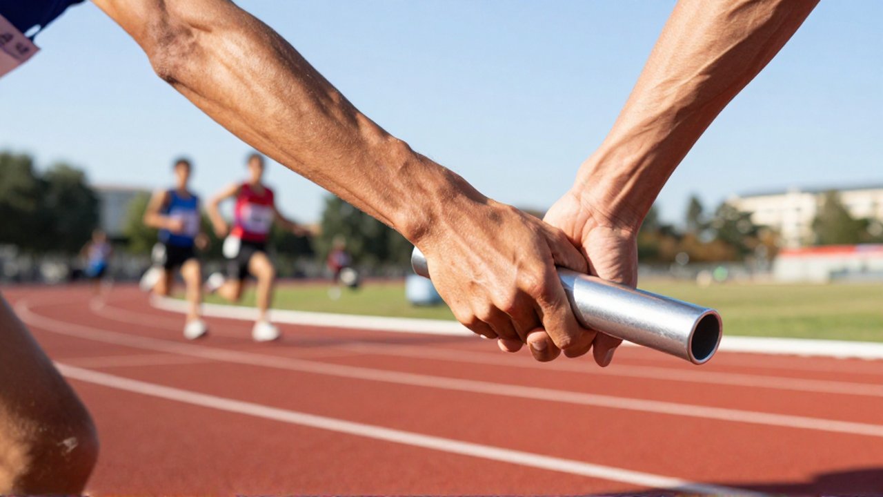 A close-up of a track athlete's hand grasping a silver relay baton during a high-speed handoff.