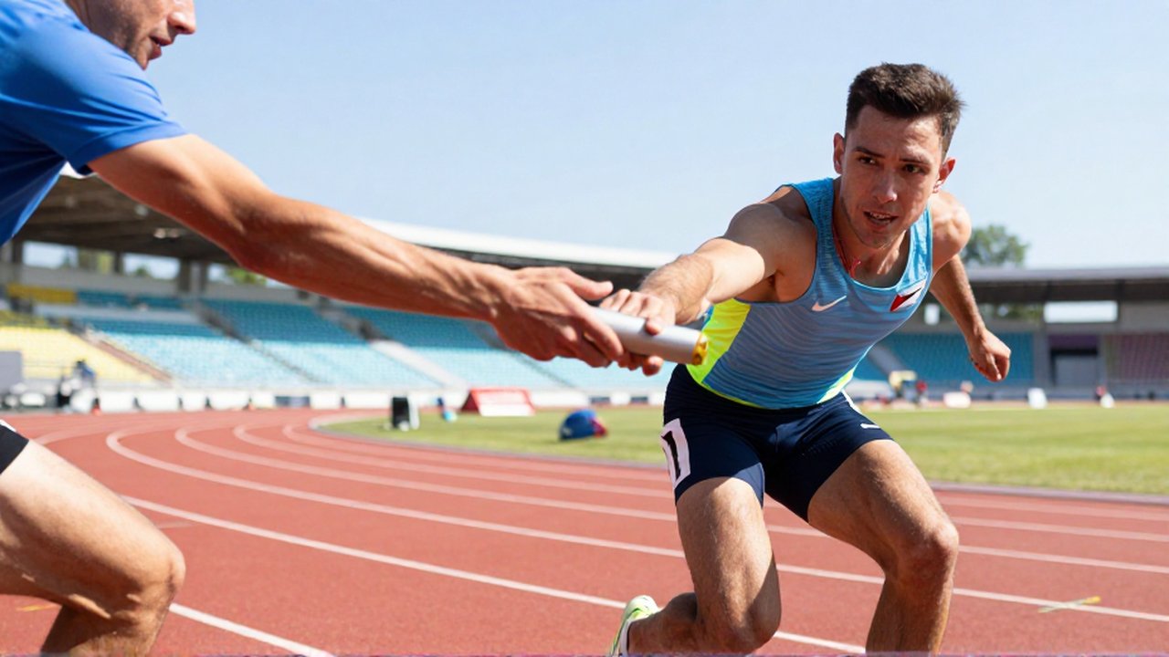 A track athlete focuses intensely while passing a baton to a teammate on a red running track.