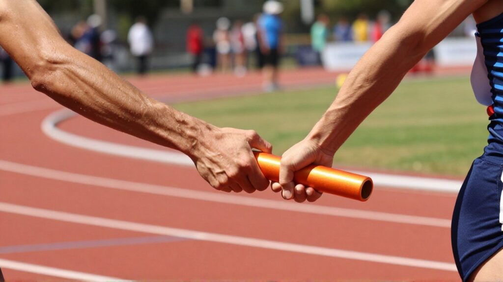 Two track athletes perform a precise baton exchange during a relay race on a red track.