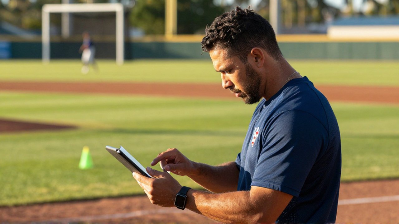 A Dominican athletic trainer uses a digital tablet to analyze a baseball player's biomechanics on a sunlit field.