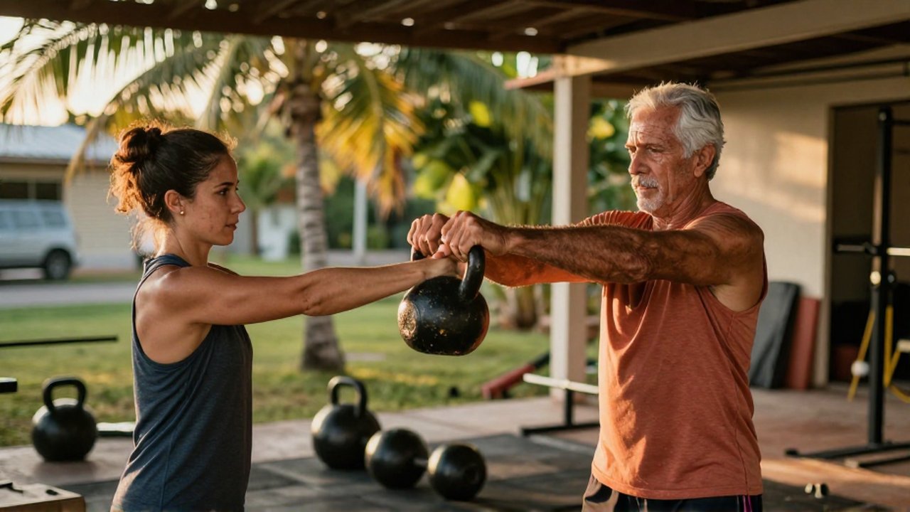 An aging strength coach demonstrates a kettlebell swing to a young athlete in a sun-drenched outdoor gym.