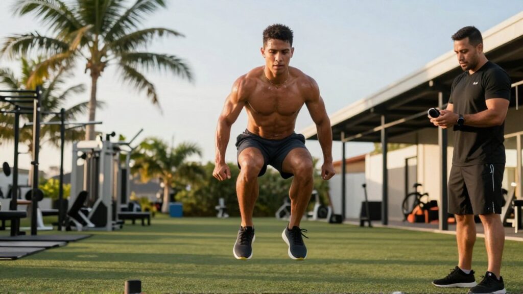A muscular Dominican athlete performs a high-intensity plyometric jump at an outdoor training facility.