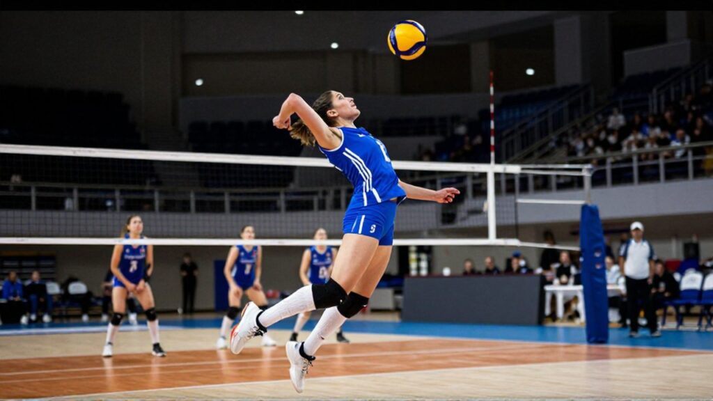 A female volleyball player leaps mid-air to spike a ball over a net in an indoor arena.