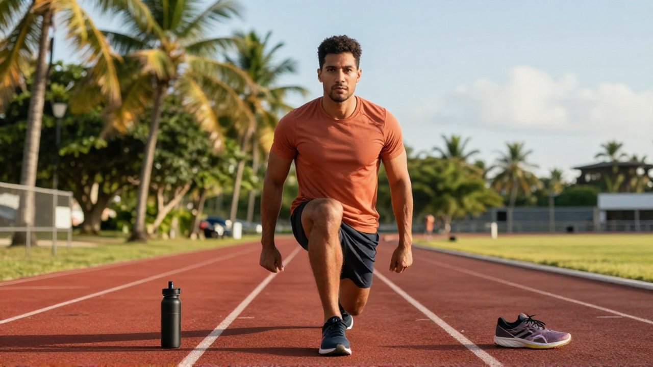 An athletic man performs leg swings on a bright outdoor running track surrounded by palm trees.