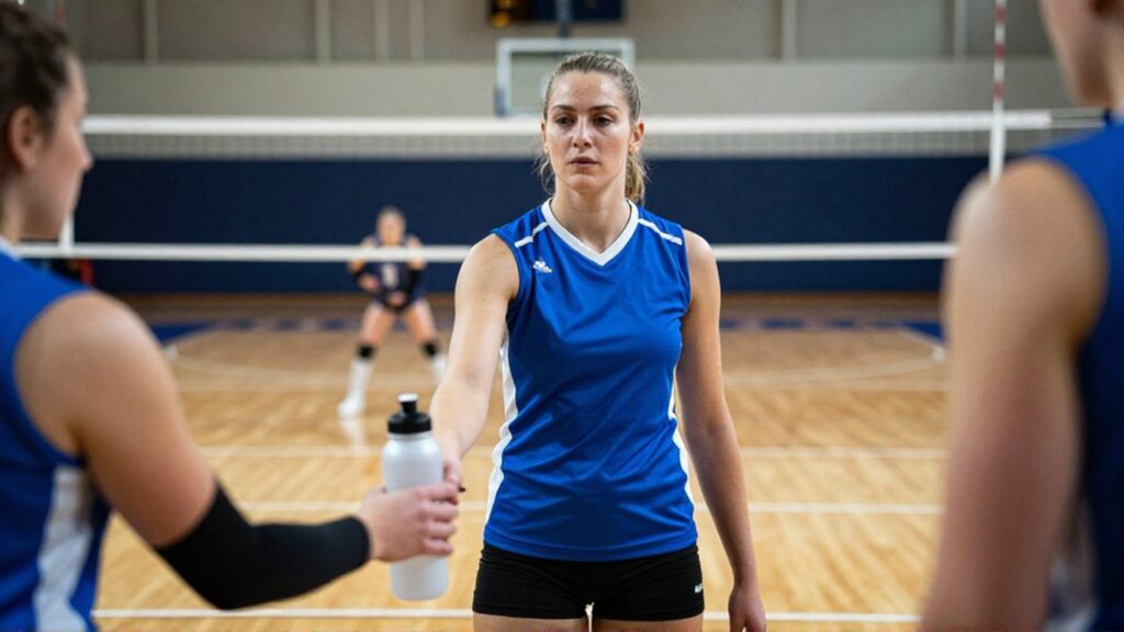 A determined female volleyball player receives a water bottle from a teammate on the sideline.
