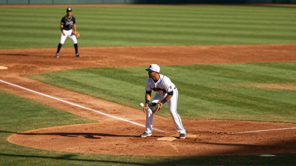 A baseball player in a white and navy uniform prepares to catch a ball at second base.