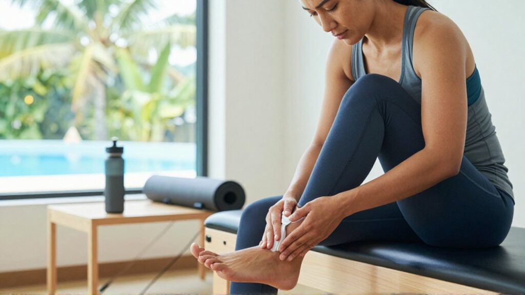 An athlete in a sunlit clinic carefully applies cooling gel to a swollen ankle.