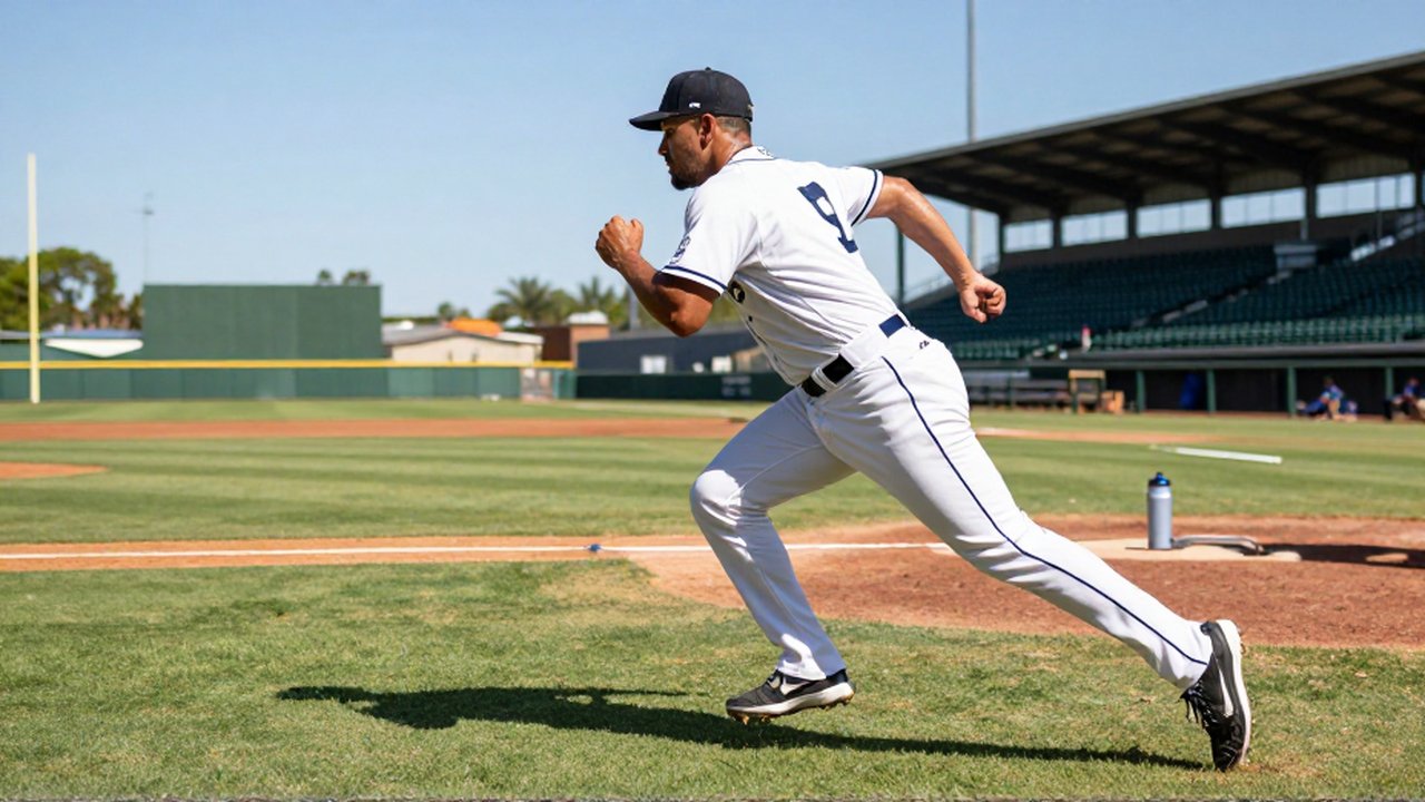 A professional baseball player in a white uniform sprints across a sunlit grass outfield.