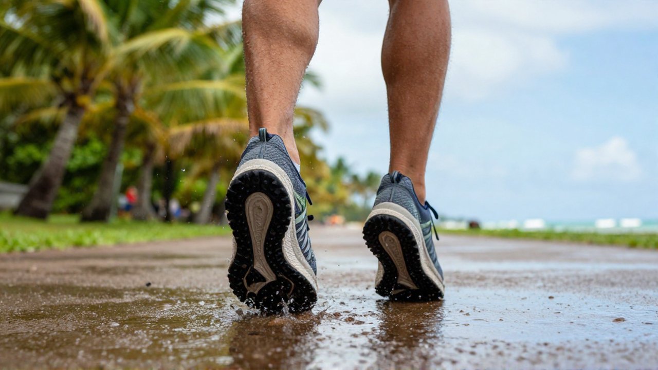 Low-angle view of a runner's high-performance shoes splashing through puddles on a tropical coastal path.