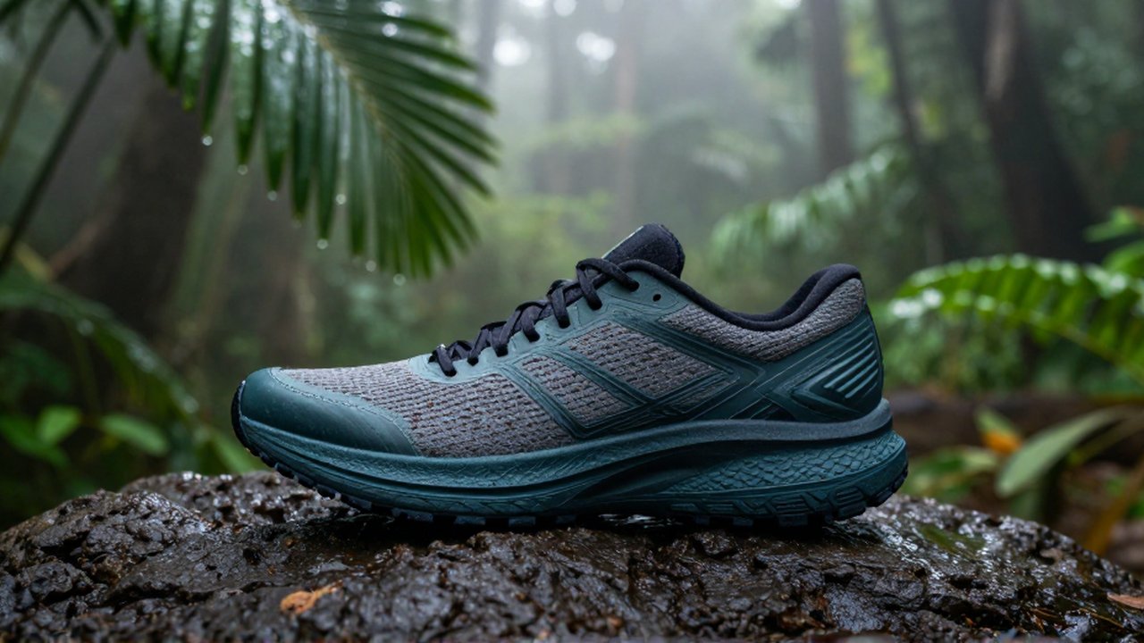 A high-performance running shoe rests on a damp basalt rock amidst a misty tropical forest.