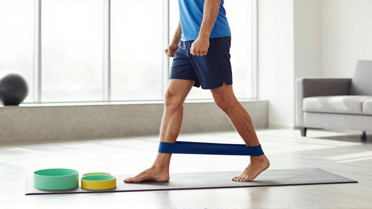 An athlete performs a lateral band walk with a heavy blue resistance band in a bright home gym.