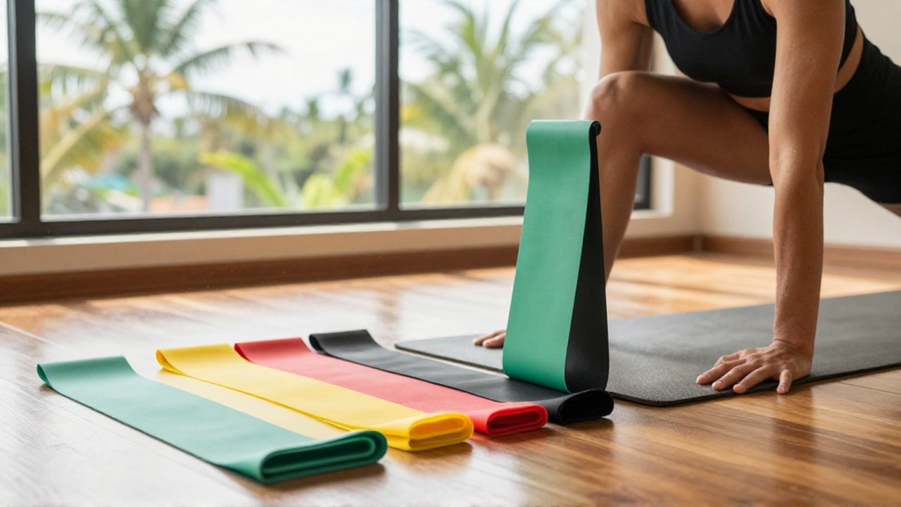 An athletic instructor performs a lateral leg raise using a colored resistance band in a bright home gym.