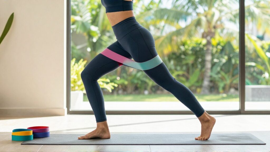 A fit athlete performs a lateral band walk with a resistance band in a sunlit home gym.