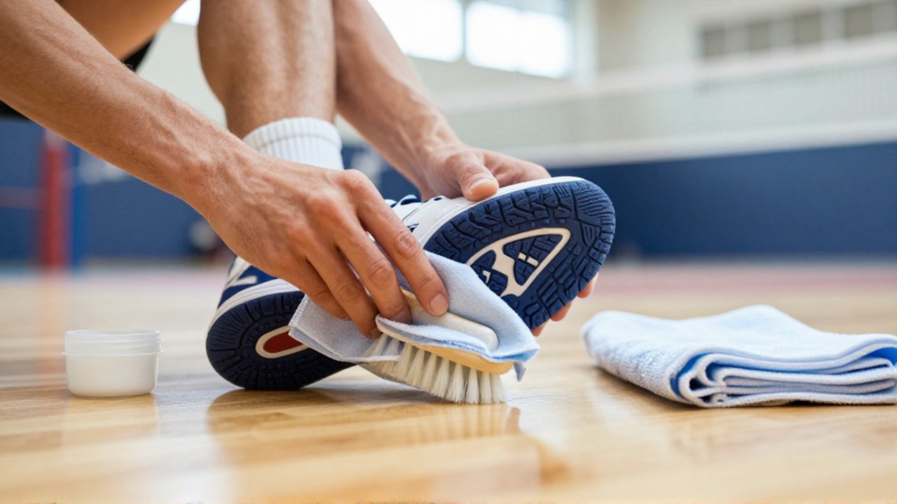 Hands use a soft brush and cloth to clean the rubber outsole of a volleyball shoe.