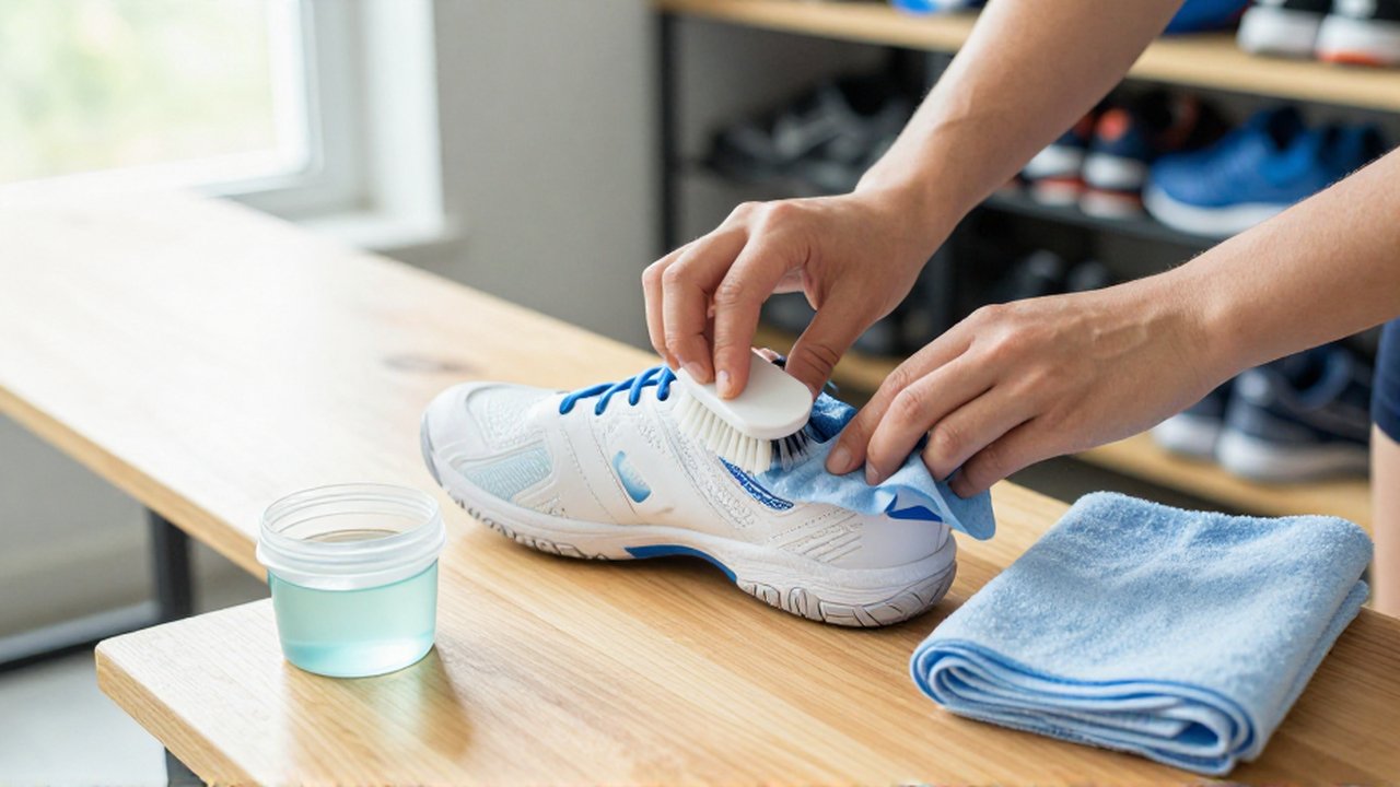 Hands use a small brush to clean the white outsole of a volleyball shoe.