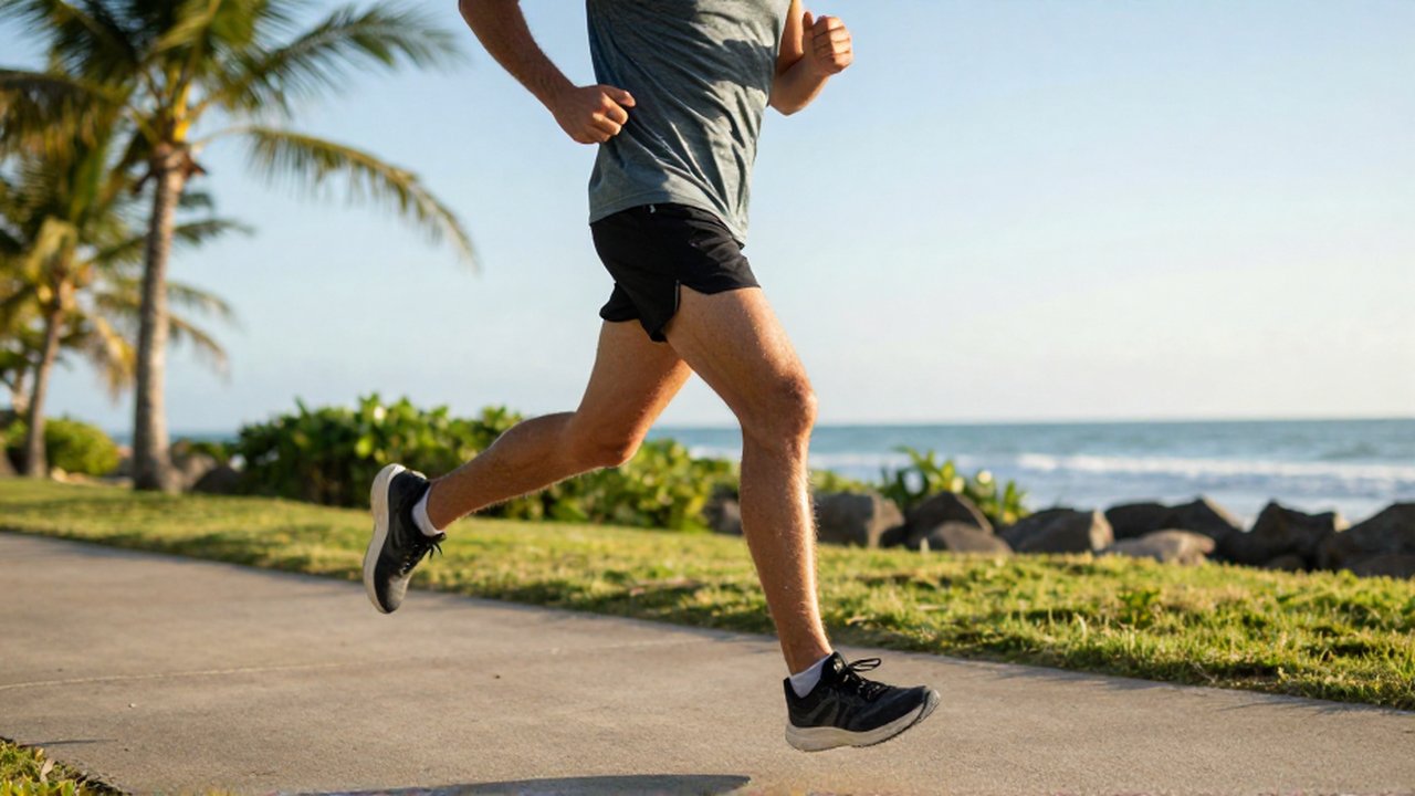 A male runner in athletic gear strides along a coastal path with palm trees and the ocean in the background.