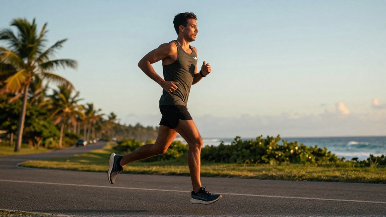 A male long-distance runner in mid-stride on a scenic coastal road during sunset.