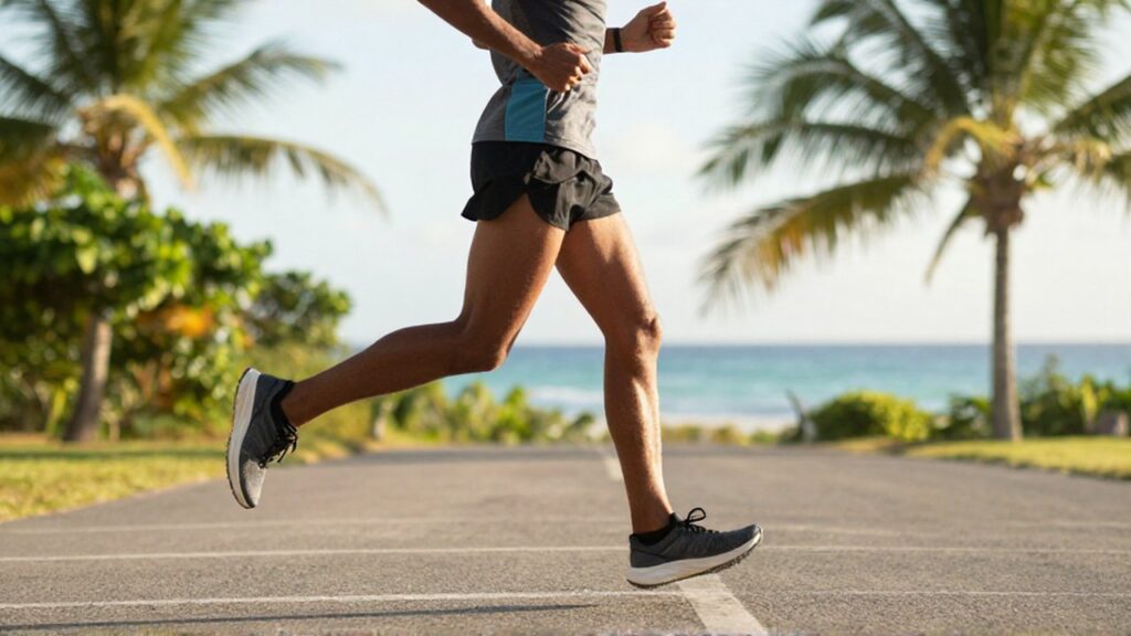 A professional runner maintains an upright posture and efficient gait on a tropical coastal road.