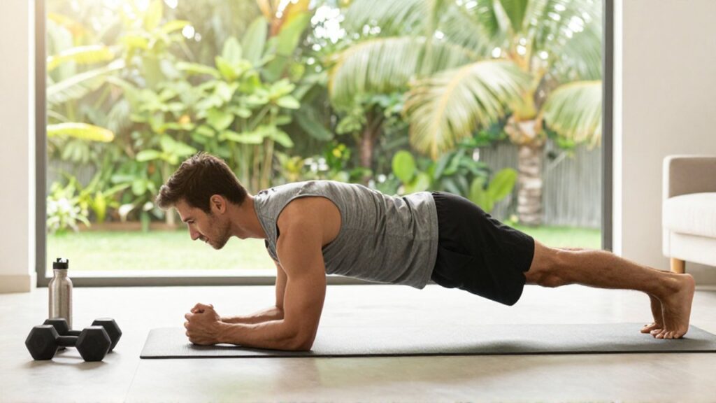 A fit man performs a plank on a yoga mat in a bright